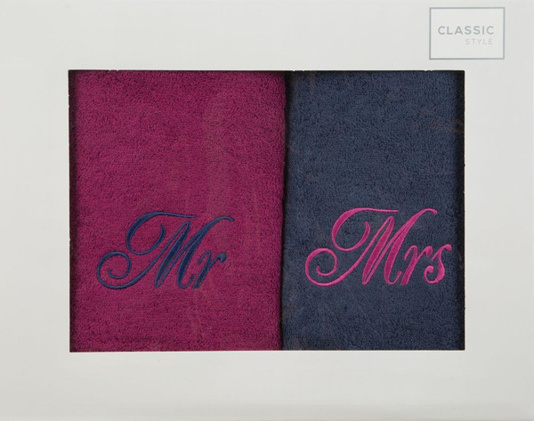 Komplet Ręczników Mr Mrs 2 2 szt. 70 x 140 Amarant