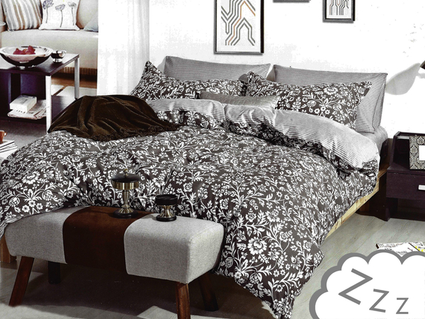 Pościel Satyna Bawełniana w Kwiaty Szara A594 160x200NP 3 części