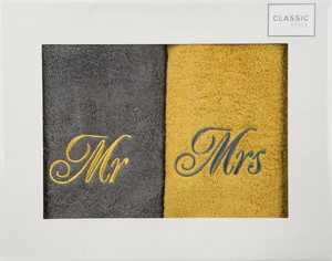 Komplet Ręczników Mr Mrs 2 2 szt. 50 x 90 Stalowy