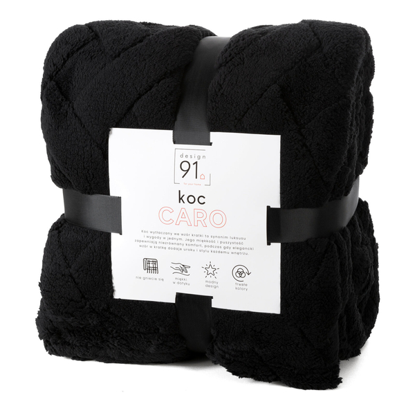 Koc 200 x 220 Pluszowy Jodełka Caro Czarny