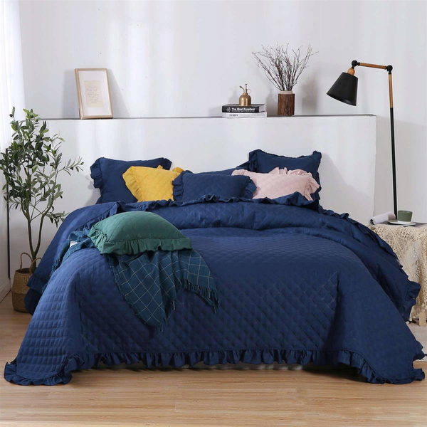 Bedspread 140 x 200 Quilted Double Sided Ruffy Navy Blue