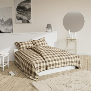 Pościel 160 x 200 3cz Bawełna Dwustronna Krata Beż