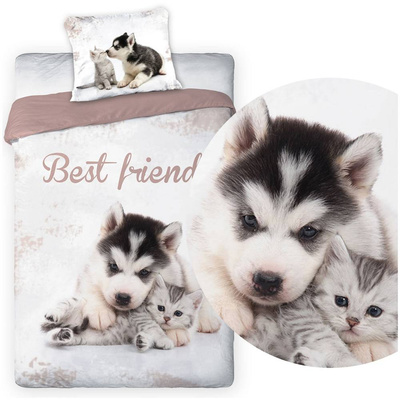 Pościel Młodzieżowa Bawełniana Best Friends Cat Dog Biała 312 160x200NP 2 części
